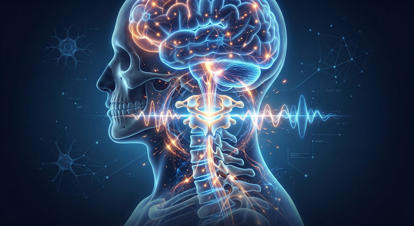 Illustration of the brain, brain stem, and upper cervical spine with the atlas vertebra illuminated